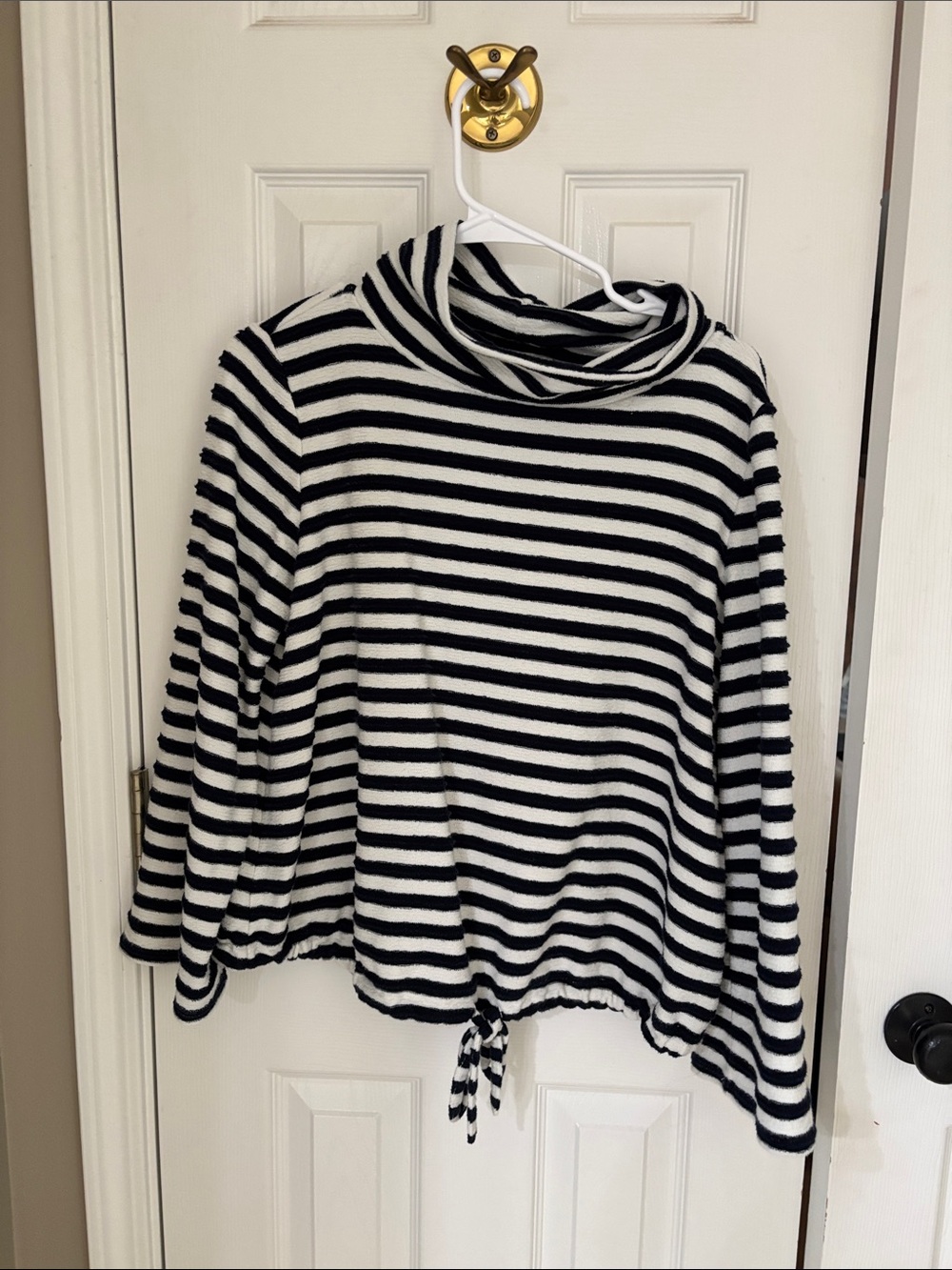 LOFT Navy and White Striped Tie-Hem Turtleneck Top